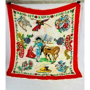 Vintage Old Mexico Bullfighter Souvenir Scarf 30" Square